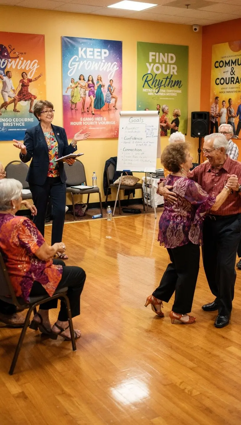 Retirees confidently dancing salsa at social event